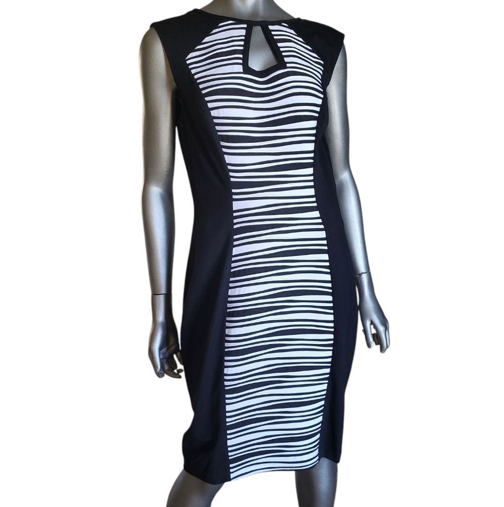 195. Cache Elegant Black and White Striped Stretchy Dress - Size 14